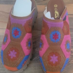 MATA Colorful Crochet Slip-On Clogs, Hippie/Boho Vibe, NIB, Sz 8.5, UNIQUE & FUN